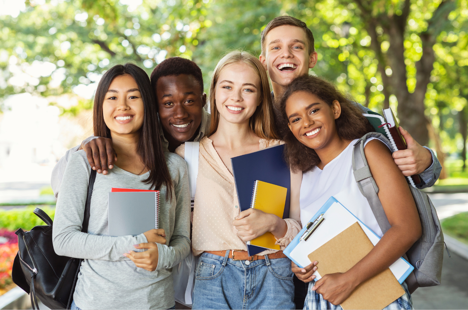 Five college students with textbooks